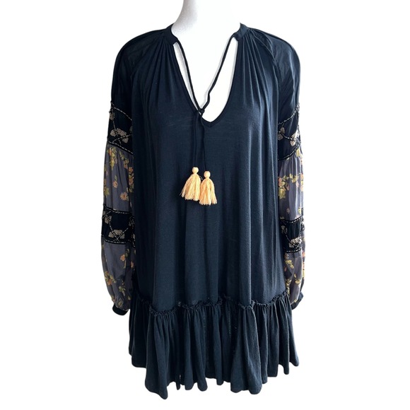 Free People Tunic Top Floral Balloon Sleeve Bohemian Blouse Black Womens Size M‎ - Picture 1 of 11